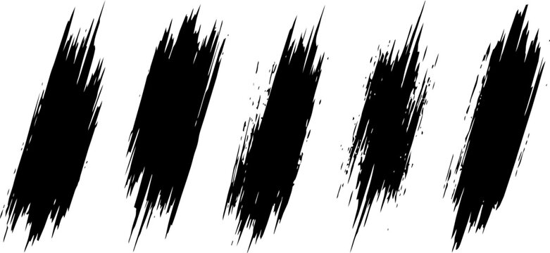 Set of five dark black artistic brush strokes created as a bold modern vector graphic illustration