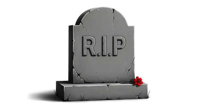 Gravestone with rip inscription and red flower isolated on white
