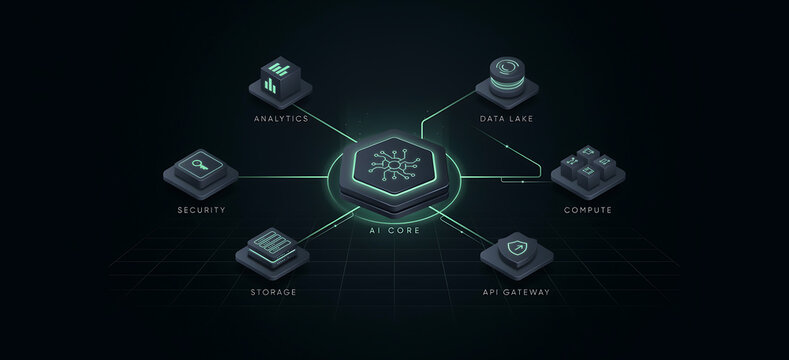 Ai core network diagram with connected modules analytics data lake