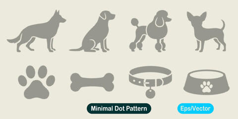 Vector icon set of dog, including different dog breeds, paw print, bone, collar and bowl, minimal dot pattern design