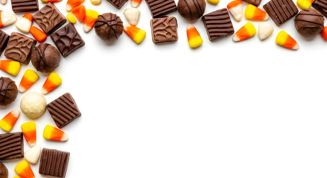 Halloween candy border with chocolate truffles and candy corn