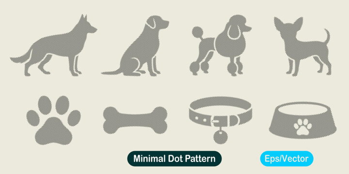 Vector icon set of dog, including different dog breeds, paw print, bone, collar and bowl, minimal dot pattern design