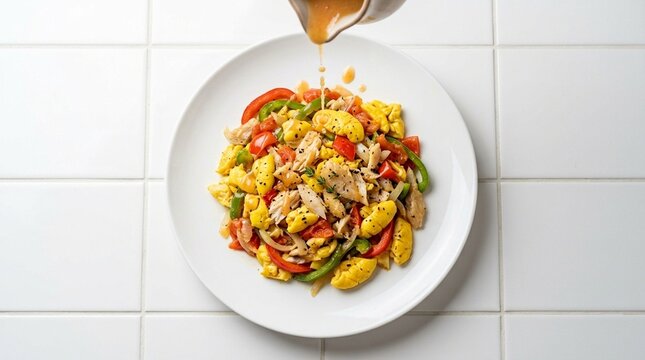 Jamaican Ackee and Saltfish Saut&eacute;ed on White Plate | Caribbean National Dish Commercial Stock Photo