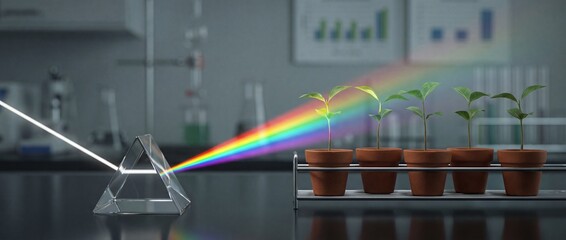 Fototapeta premium Small plants growing in pots on a lab shelf with a prism