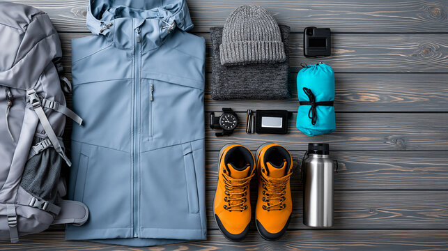 Outdoor travel gear flat lay with adventure essentials for product display and marketing campaign, camping equipment photography concept, with copy space