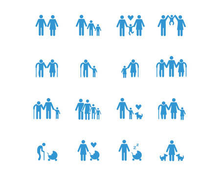 Collection of blue family icons representing different generations and family structures