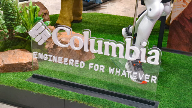 Columbia brand logo and engineered for whatever slogan on clear acrylic sign display at an outdoor sports retail store exhibition on June 2, 2026 in Bangkok, Thailand