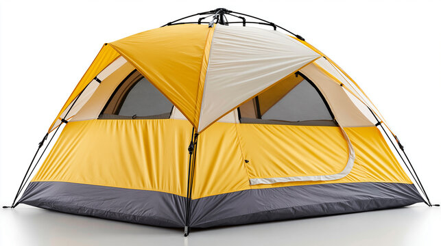 Yellow and beige camping tent with mesh windows and dark grey base, outdoor gear product photography, with copy space