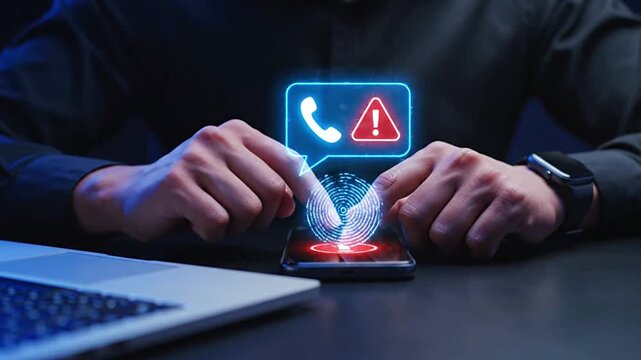 Professional scanning fingerprint on smartphone for biometric authentication, with a call warning notification. Concept of cybersecurity, data protection, secure login, and preventing online fraud or.