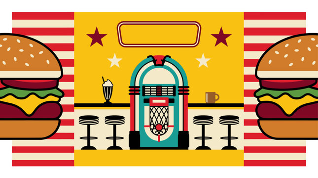 Vibrant Retro Diner Theme illustration with Hamburgers Jukebox and Roller Skates Pattern Design