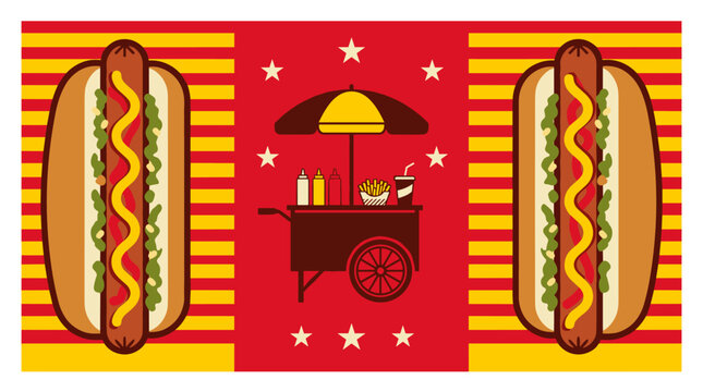 Vibrant hot dog cart and delicious hot dogs pop art illustration on red and yellow striped background