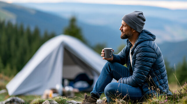 Solo man camping with a tent and coffee while overlooking a mountain valley in the countryside, peaceful wilderness escape concept, defocused background, with copy space