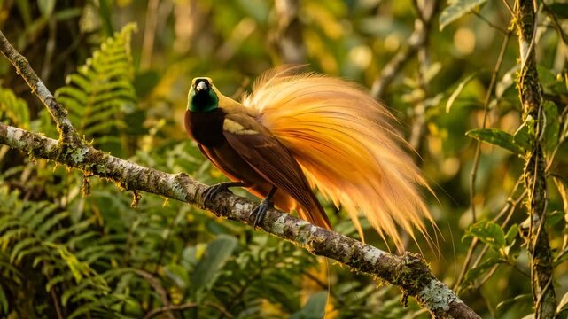 bird of paradise perched on branch in papua rainforest golden sunset light video