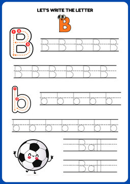 Alphabet letter B tracing worksheet for kids. Printable handwriting practice page for preschool and kindergarten template with cute cartoon ball illustration.