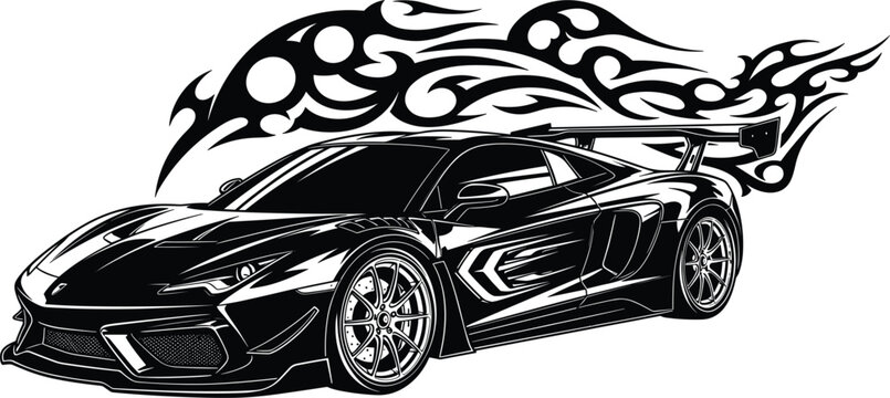 Futuristic supercar racing vector illustration with aggressive tribal flames and luxury performance automotive styling concept