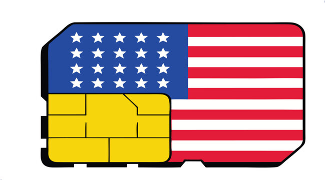 Sim card with united states flag pattern and gold contact chip vector illustration EPS PNG file