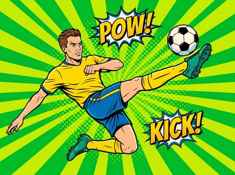 Dynamic soccer player kicking ball in a vibrant comic book art style featuring bright green sunburst background for professional sports advertising