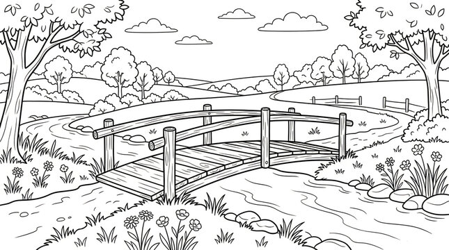 Black and white illustration of a small wooden bridge over a stream
