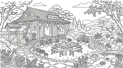 Obraz premium Japanese tea house with garden scene intricate line art illustration