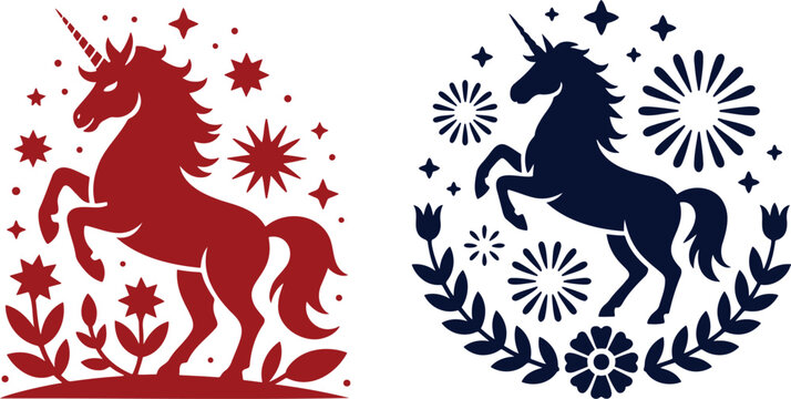 Elegant red and blue unicorn mythical creatures adorned with decorative floral elements and sparkling stars