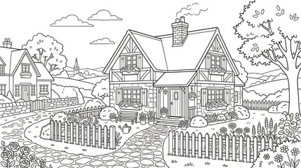 Obraz premium Detailed line art illustration of charming cottage with garden and landscape