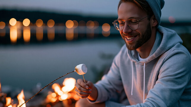 Smiling young man eating a toasted marshmallow by a campfire at night under a starry sky by a lake, outdoor adventure and summer vacation concept, defocused background, with copy