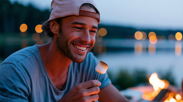Smiling young man eating a toasted marshmallow by a campfire at night under a starry sky by a lake, outdoor adventure and summer vacation concept, defocused background, with copy