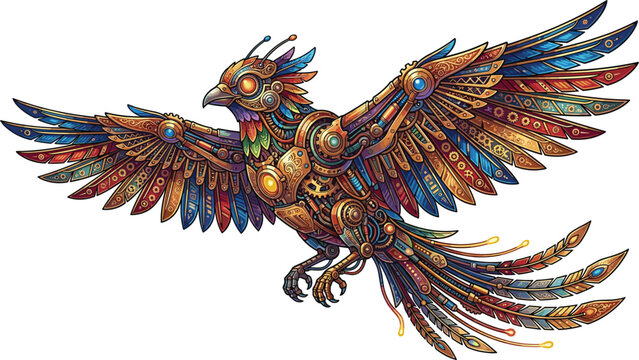 Intricate steampunk bird vector illustration with mechanical gears and colorful metallic feathers isolated on white background