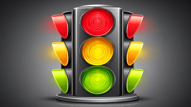 Three way traffic light signal with glowing red yellow and green lamps, semaphore