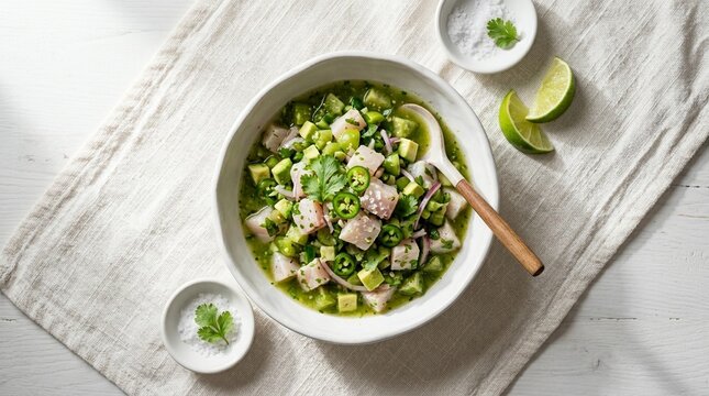 Green Tomatillo and Serrano Ceviche in White Bowl | Mexican Seafood Commercial Stock Photo