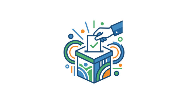 Hand casting vote into ballot box with abstract graphic elements