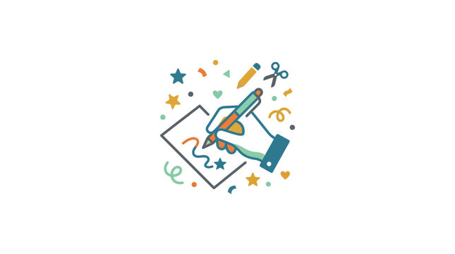 Hand Drawing Creative Idea with Pen, Scissors, Confetti, Stars