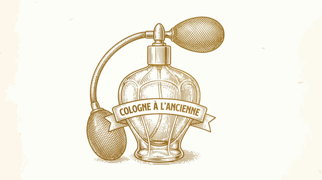 Vintage Cologne Bottle Illustration with Atomizer Engraving Style