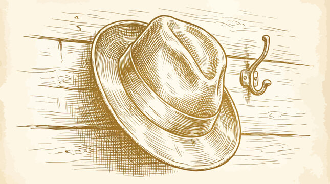 Vintage engraving of a classic fedora hat hanging on a wall hook