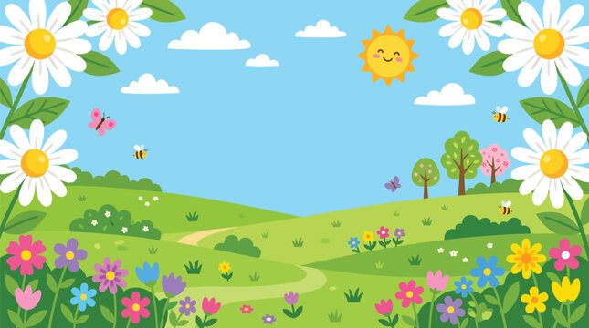 Charming spring landscape with daisies flowers bees and a smiling sun on a bright blue background