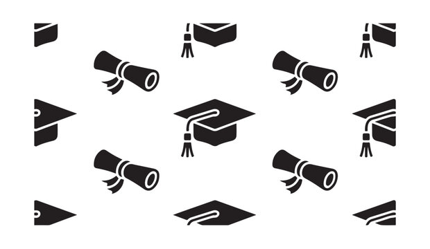 Seamless pattern of graduation caps and diplomas on white background.