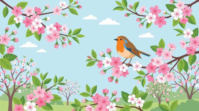 Charming vector illustration of a robin perched on a blossoming cherry branch with spring flowers and a blue sky