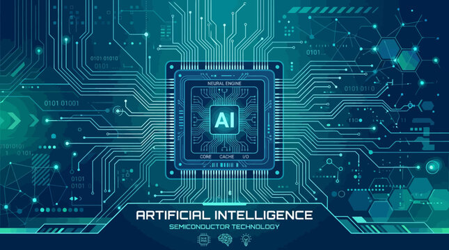 A digital illustration of a central processor unit with complex circuit board lines