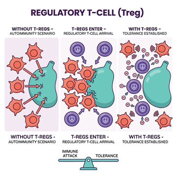 Regulatory T-cell immune tolerance autoimmunity prevention 2D cartoon flat design vector infographic, Treg suppression cytokine self-antigen immunology education illustration