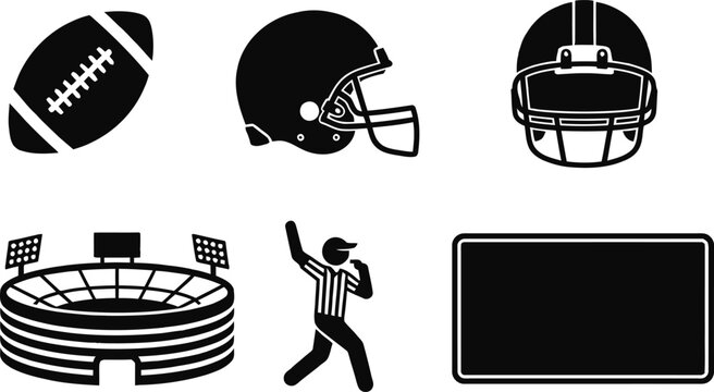American football icons set helmet stadium referee and scoreboard graphics