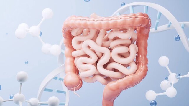 Medical illustration of human digestive tract with DNA background for gut wellness, 3d animation, 3d video, health and scientific education