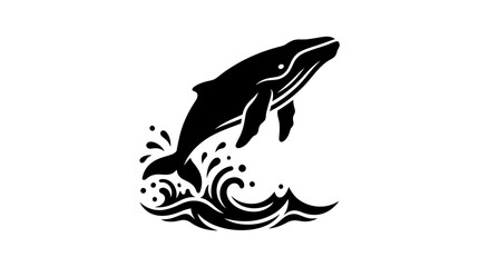 Obraz premium Black silhouette of a humpback whale breaching from stylized ocean waves.