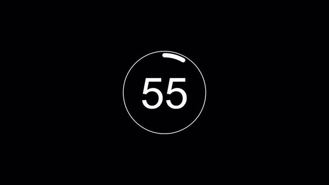 One minute countdown timer animation from sixty to zero second with an alpha channel, sixty seconds stopwatch animated timer on transparent background, 4k circular countdown timer from 60 to 0 second.