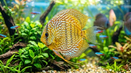 Obraz premium Vibrant golden yellow Discus fish swimming in a lush green planted freshwater aquarium tank with aquatic plants and driftwood