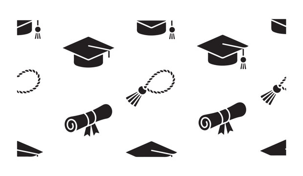 Pattern of graduation caps and diploma scrolls on white background flat black icon design.