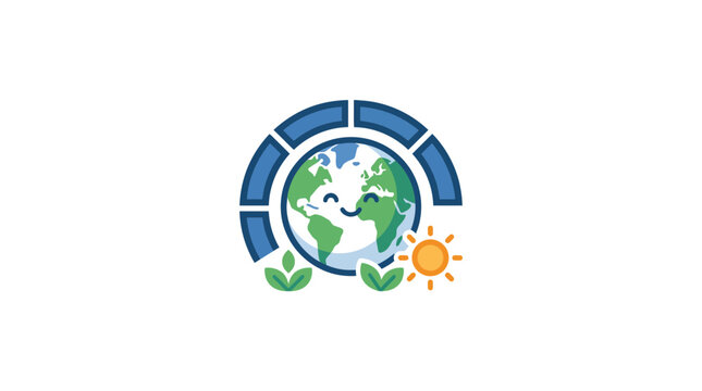 Happy Earth with Solar Panel and Sun, Eco-friendly Concept