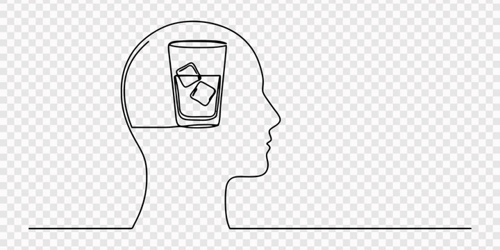 Drawing line wine with brain on the white background. Vector. Dependence on alcoholic beverages, continuous modern drawing of a human head and brain thinking about whiskey, thinking about alcohol. pro