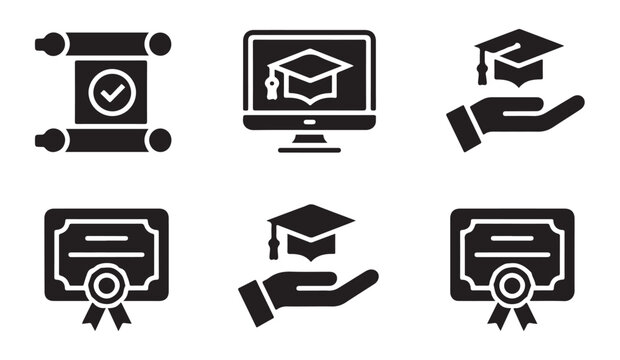 Set of online learning and graduation icons featuring student hat on monitor and hand hold.