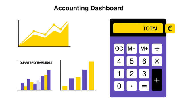 Accounting dashboard with business growth charts and digital calculator.