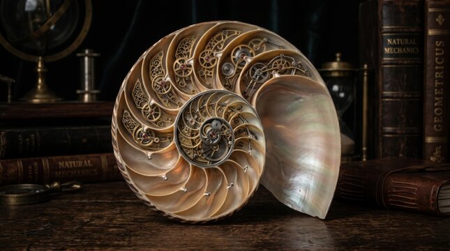 Steampunk nautilus shell with intricate clockwork gears inside